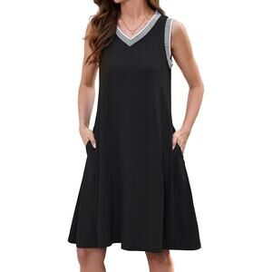 Womens Summer Casual Dress Sleeveless V Neck Black Pockets Beach Size S